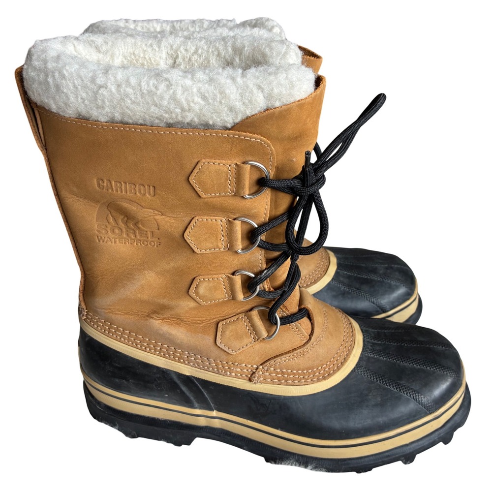 SOREL Caribou Mens 9 Waterproof Winter Snow Boots Tan Black NM1000-281